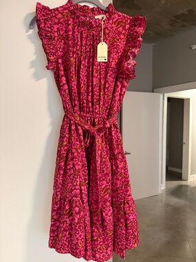 JODIFL Fuchsia Floral Mini Dress with Ruffle Shoulders